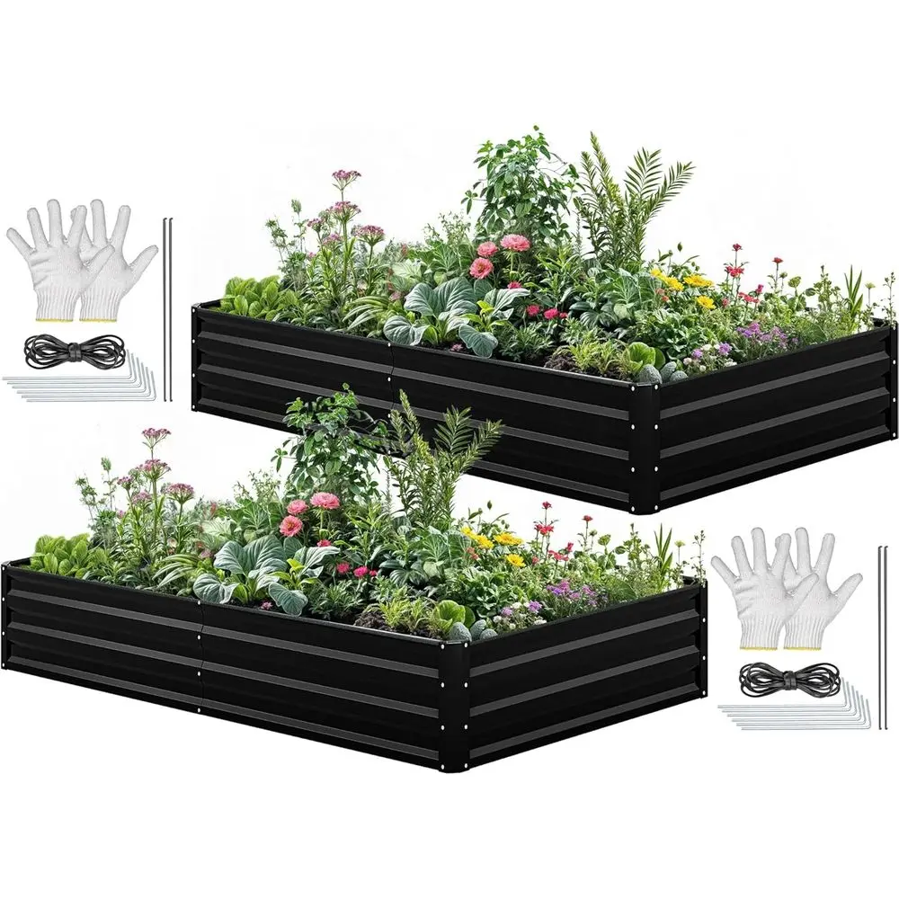 Garden Gloves - 96x48x12インチ亜鉛メッキ鋼製レイズドガーデンベッドキット、大型プランターボックス（手袋付き）、黒色