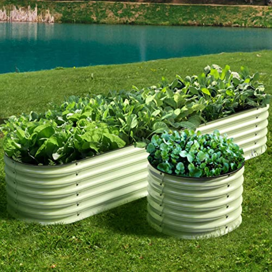 Raised Garden Bed - 屋外用のモジュール式亜鉛メッキ鋼製プランターボックス。高さ17インチ。シルバーグレーの4-in-1金属製プランターボックスで、錆びにくく、静音性に優れています。