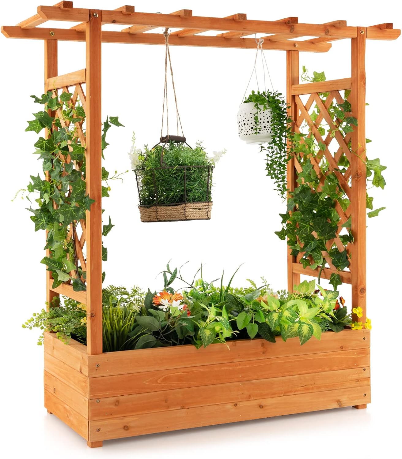Raised Garden Bed - 木製の高床式菜園、アーチ型トレリスと吊り下げ式屋根付き、屋外パティオ用、4つの排水穴でつる性植物に最適