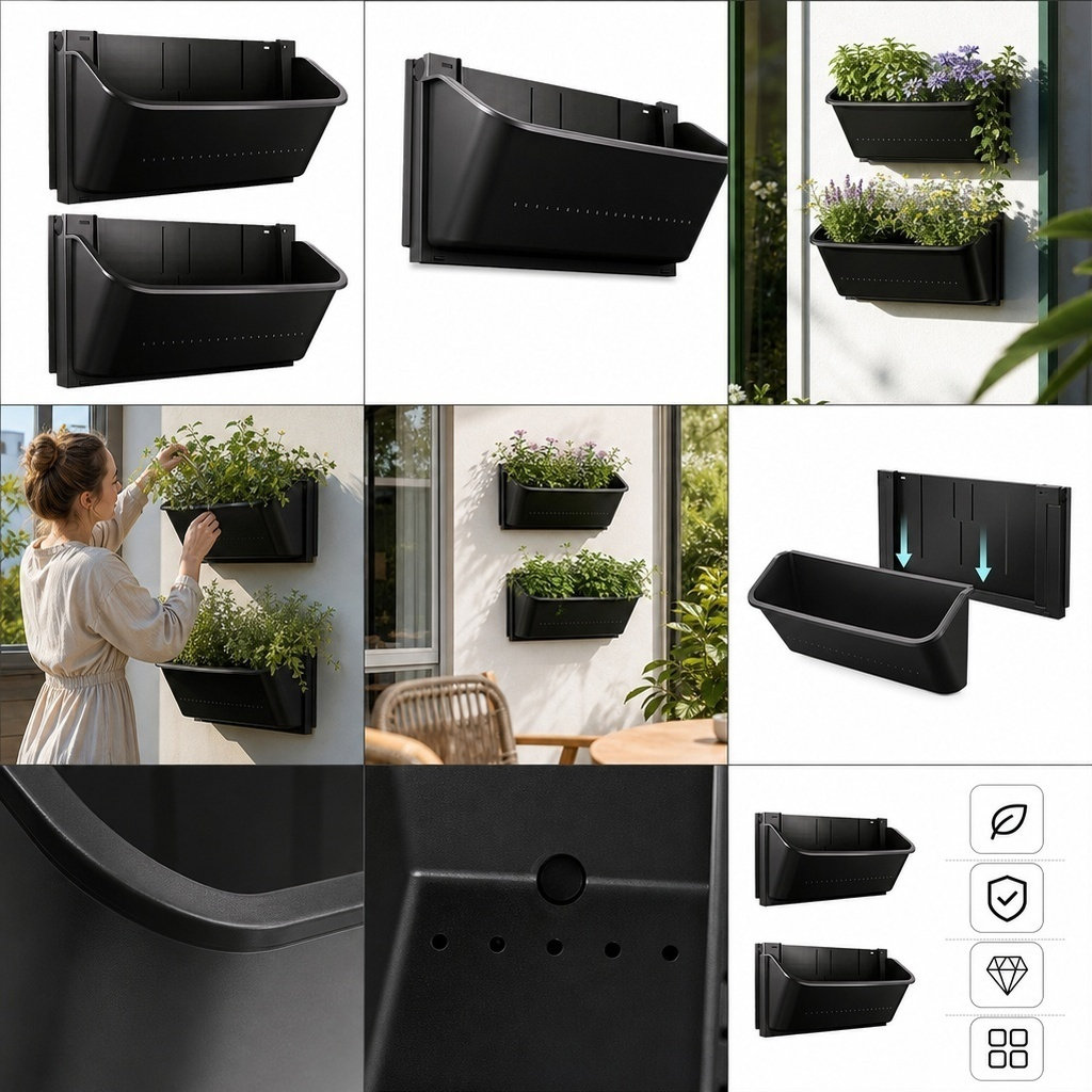 Vertical Planter - 2個入り、壁掛け式プランター。屋外・屋内での使用に適した、耐候性プラスチック製の縦型ガーデンプランターボックス。壁面緑化用の花壇として。