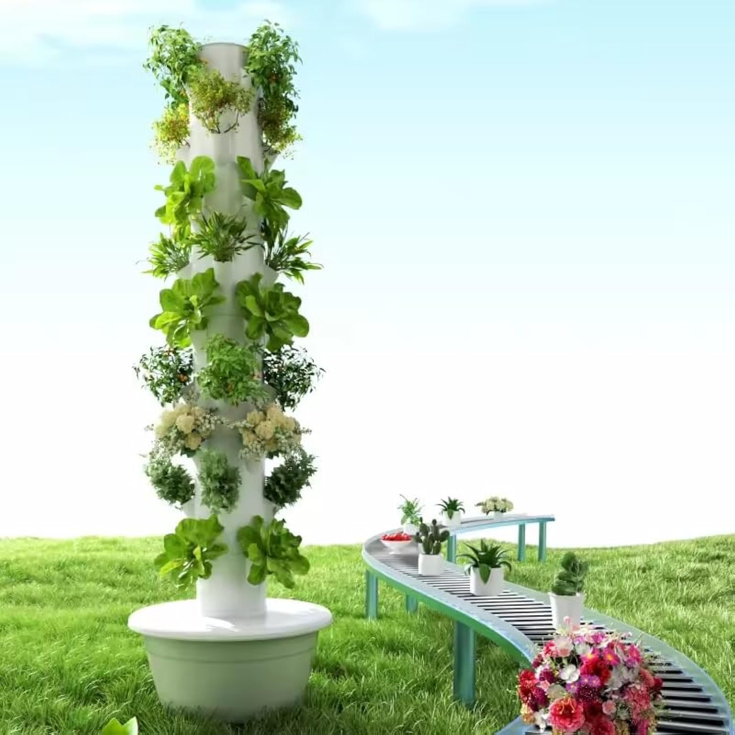 Vertical Planter - 垂直水耕栽培タワー エアロポニックタワー 果物と野菜用 9層36ポットプランター 水槽とポンプ付き